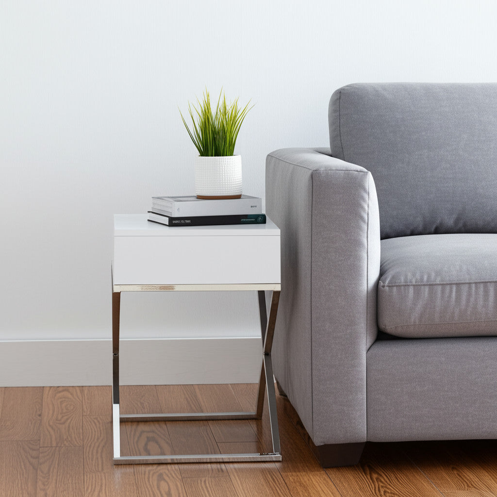 25" Silver And White End Table With Drawer-1