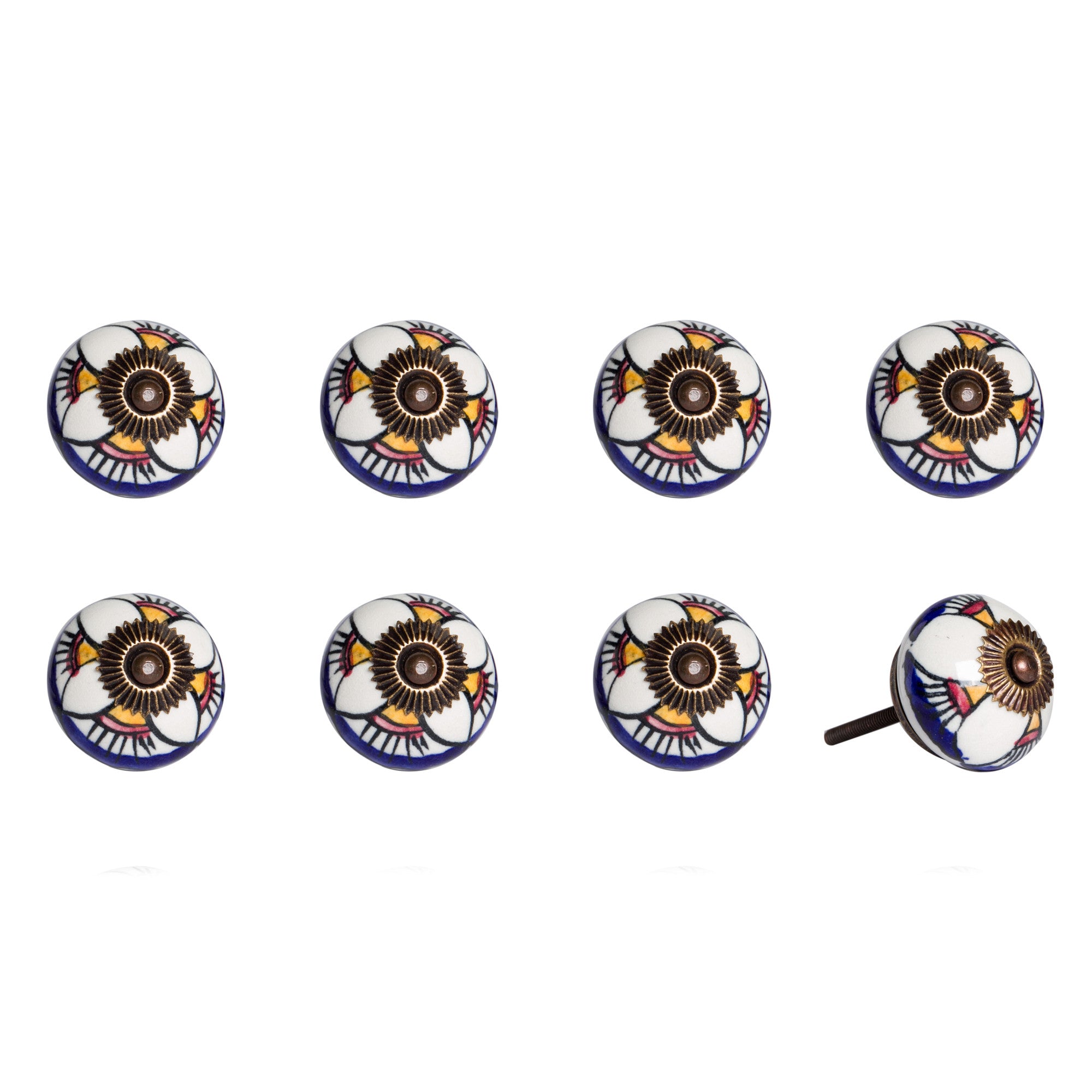 Set of Eight Blue And White Ceramic And Metal Drawer Pull Knobs-1