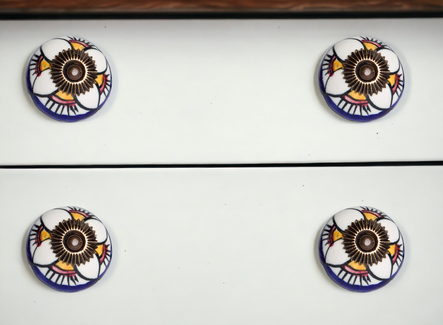 Set of Eight Blue And White Ceramic And Metal Drawer Pull Knobs-0