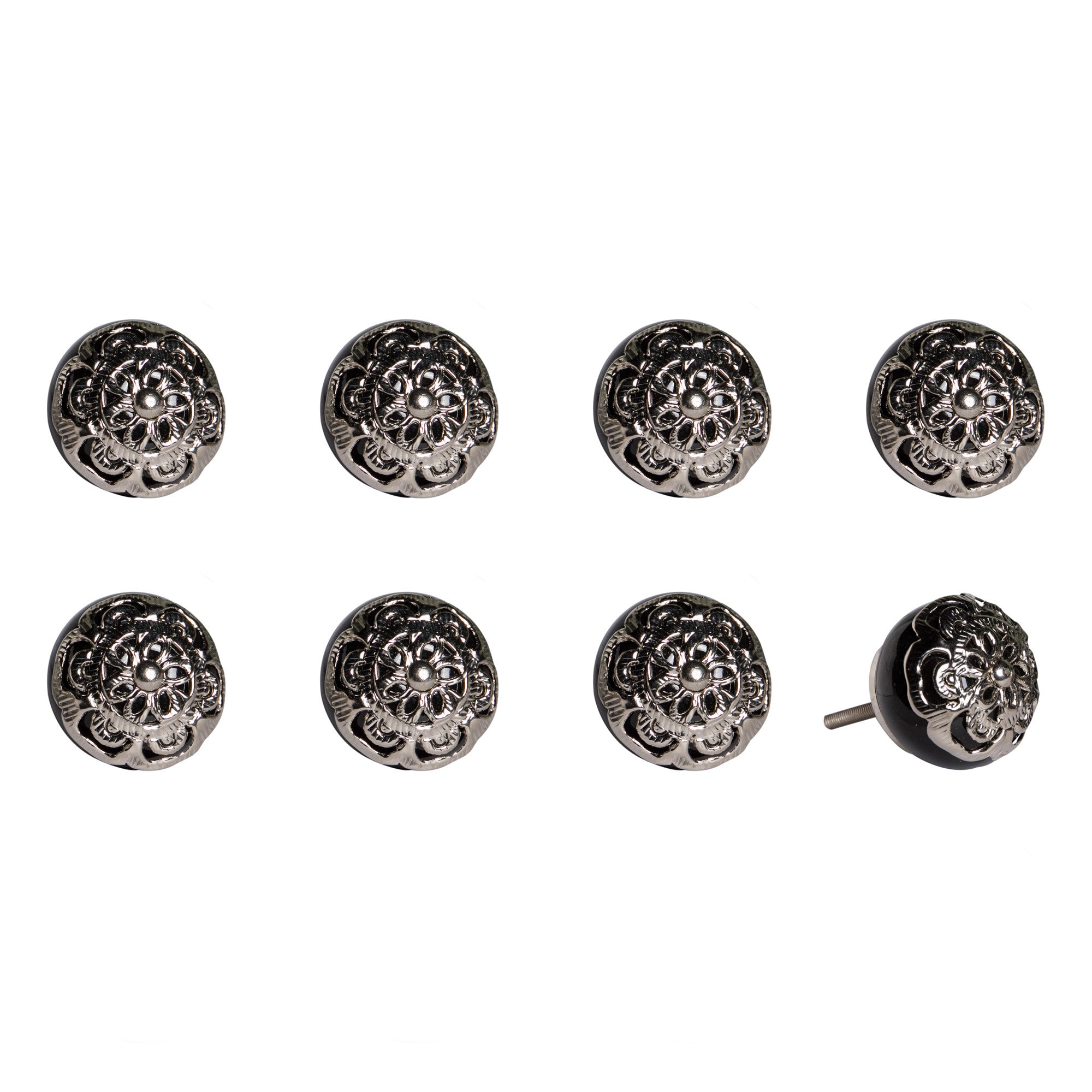 Set of Eight Black And Silver Ceramic And Metal Drawer Pull Knobs-1