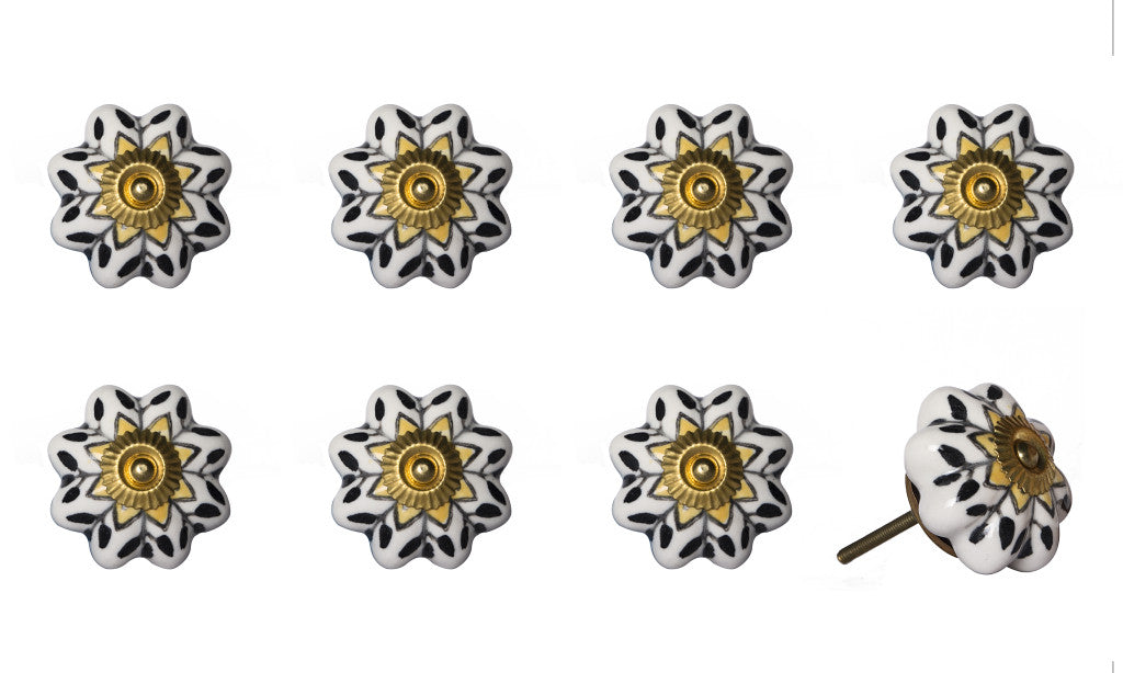 Set of Eight Black And Yellow Ceramic And Metal Drawer Pull Knobs-1