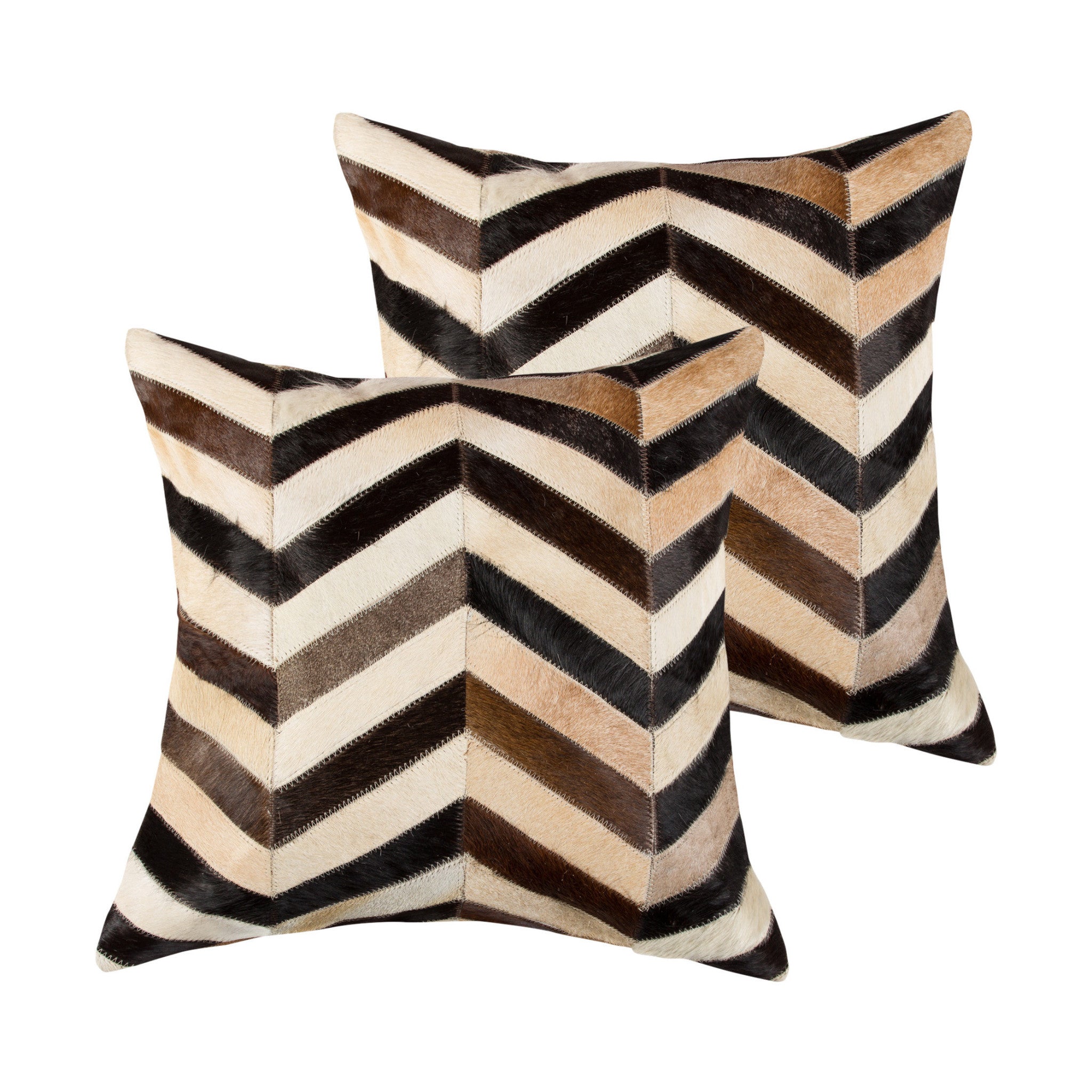 Set of Two 18" Black Brown and Beige Chevron Cowhide Throw Pillows-3
