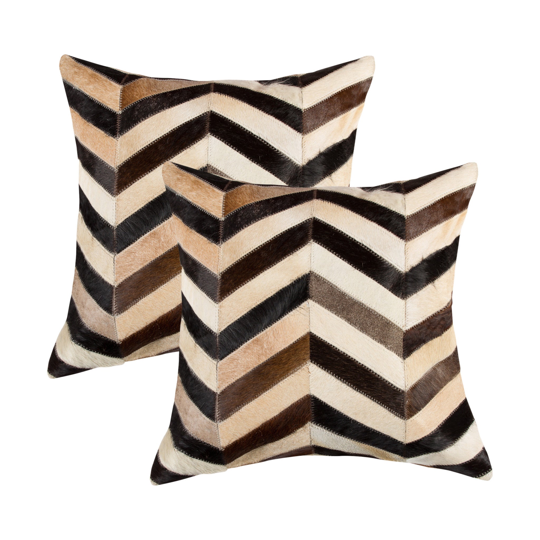 Set of Two 18" Black Brown and Beige Chevron Cowhide Throw Pillows-1