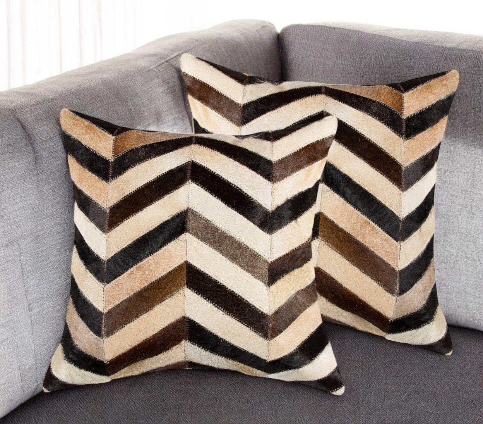 Set of Two 18" Black Brown and Beige Chevron Cowhide Throw Pillows-0