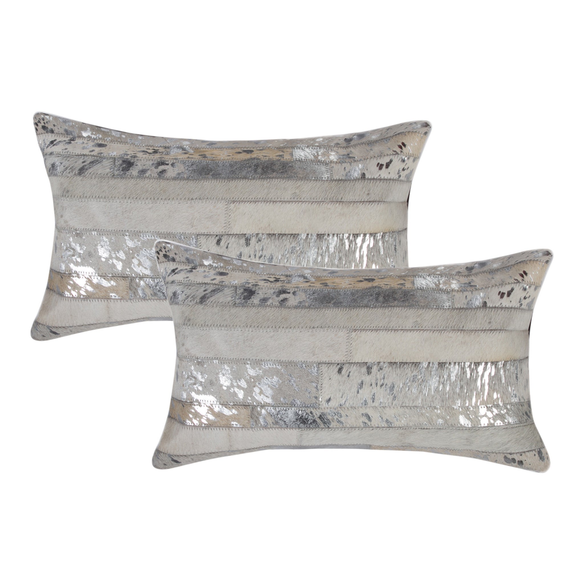 Set of Two 12" X 20" Gray and Silver Striped Cowhide Lumbar Throw Pillows with Glitter-2