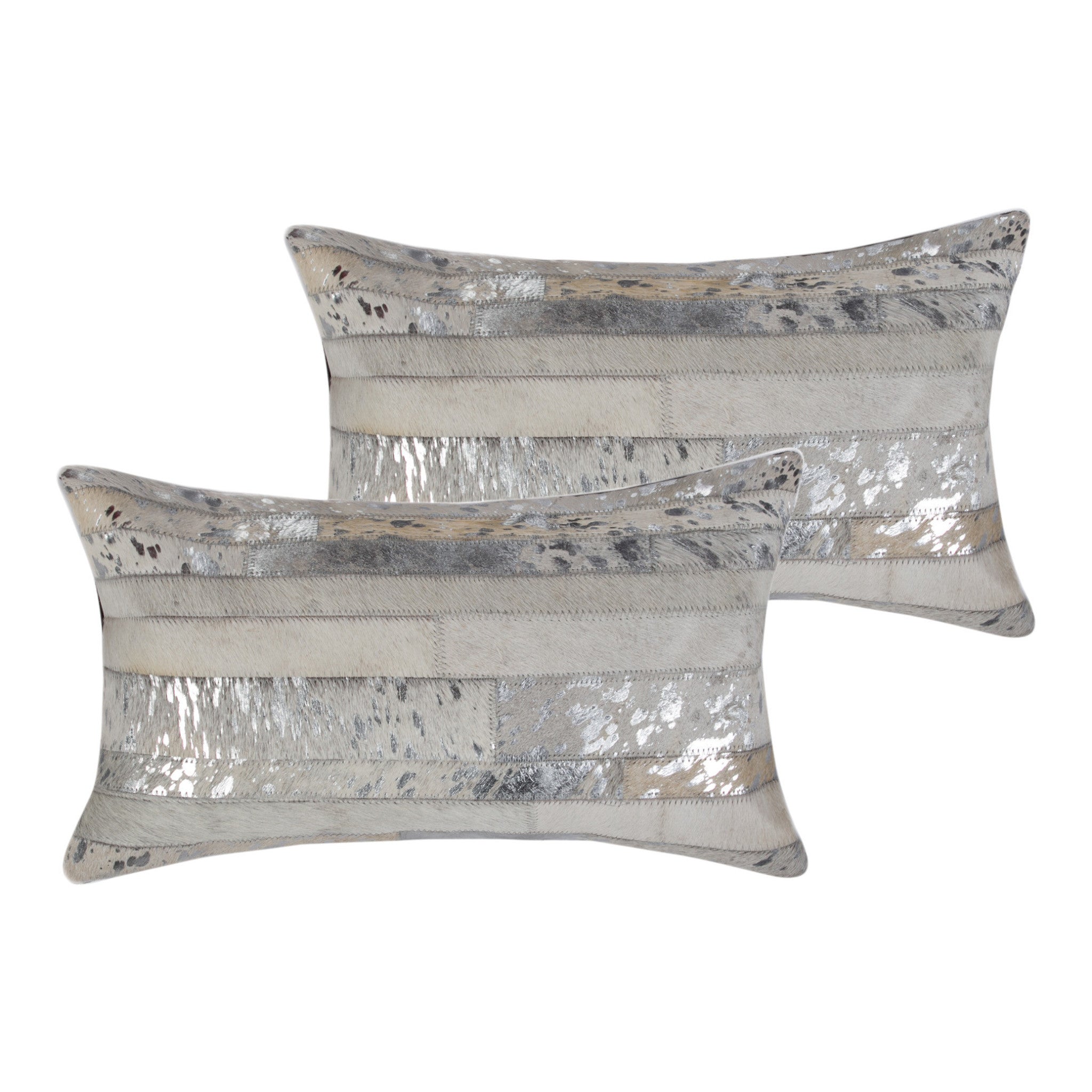 Set of Two 12" X 20" Gray and Silver Striped Cowhide Lumbar Throw Pillows with Glitter-3