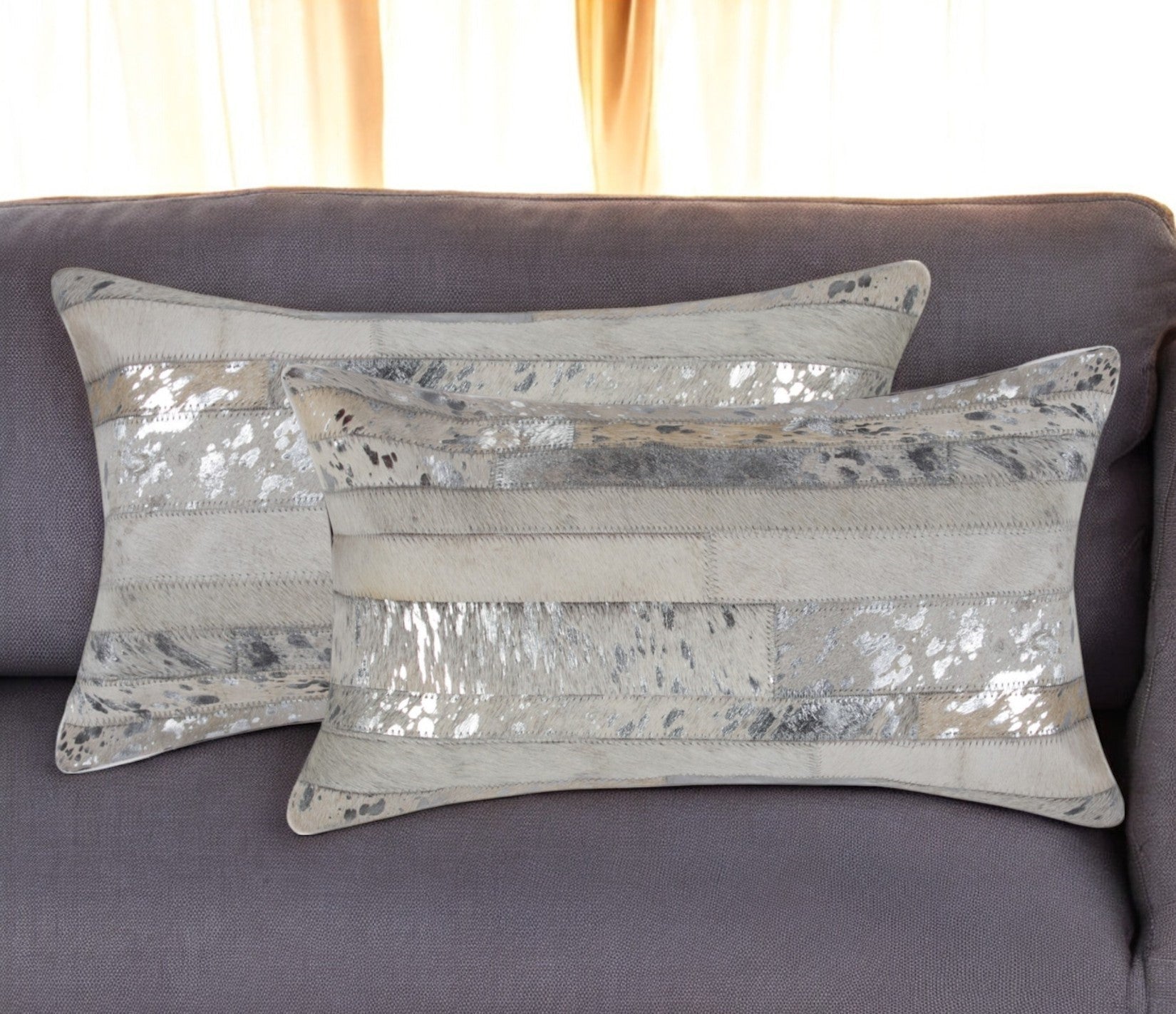 Set of Two 12" X 20" Gray and Silver Striped Cowhide Lumbar Throw Pillows with Glitter-0