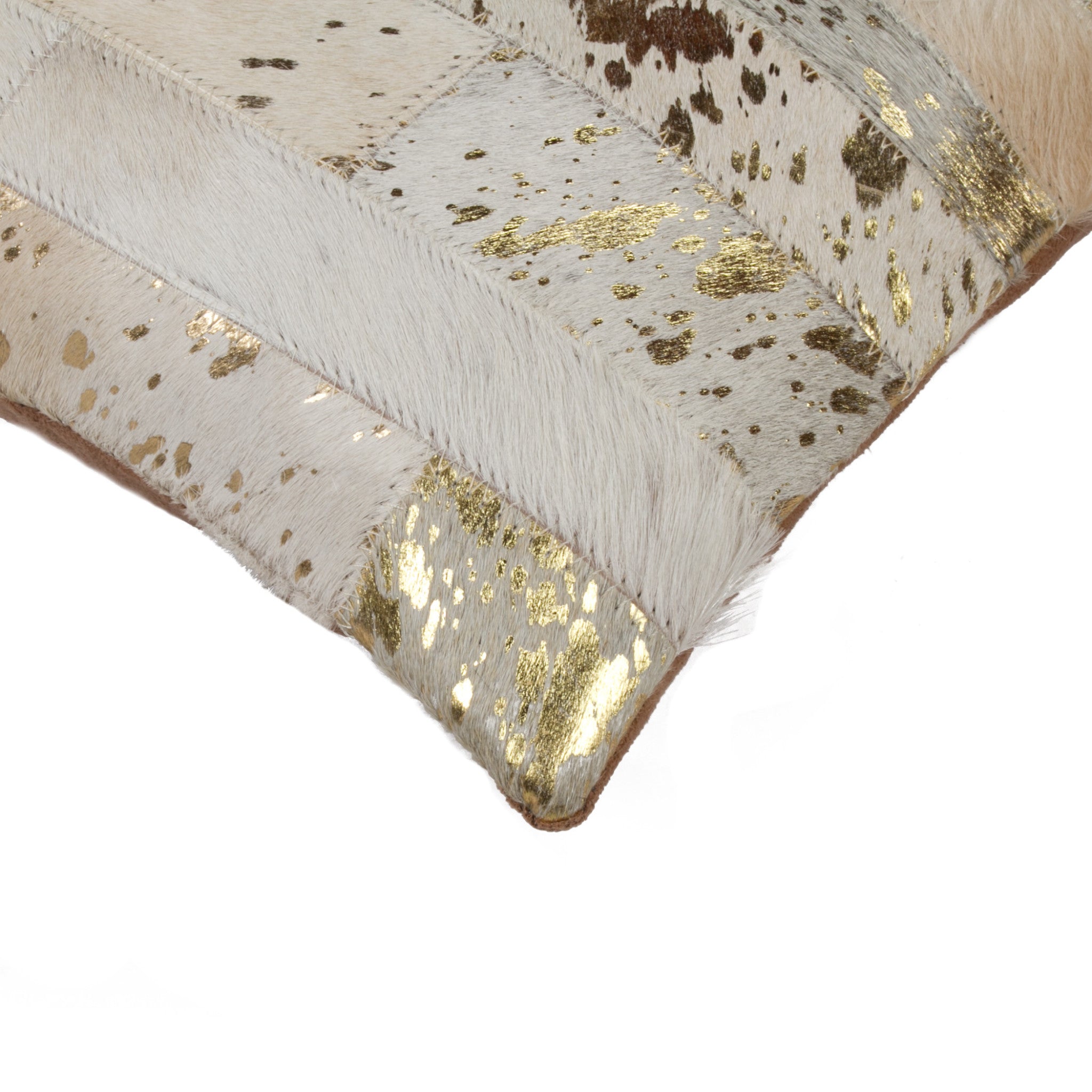 Set of Two 12" X 20" Natural and Gold Patchwork Cowhide Lumbar Throw Pillows with Glitter-4