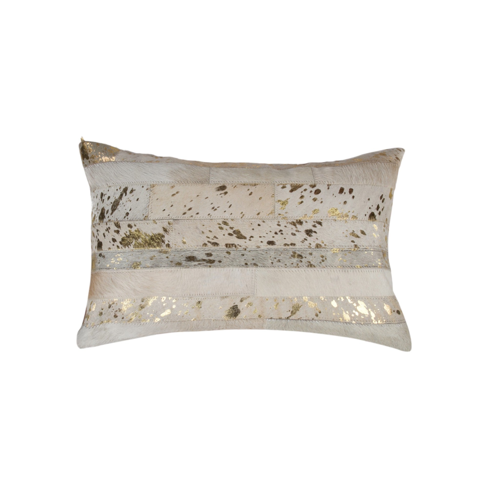 Set of Two 12" X 20" Natural and Gold Patchwork Cowhide Lumbar Throw Pillows with Glitter-5