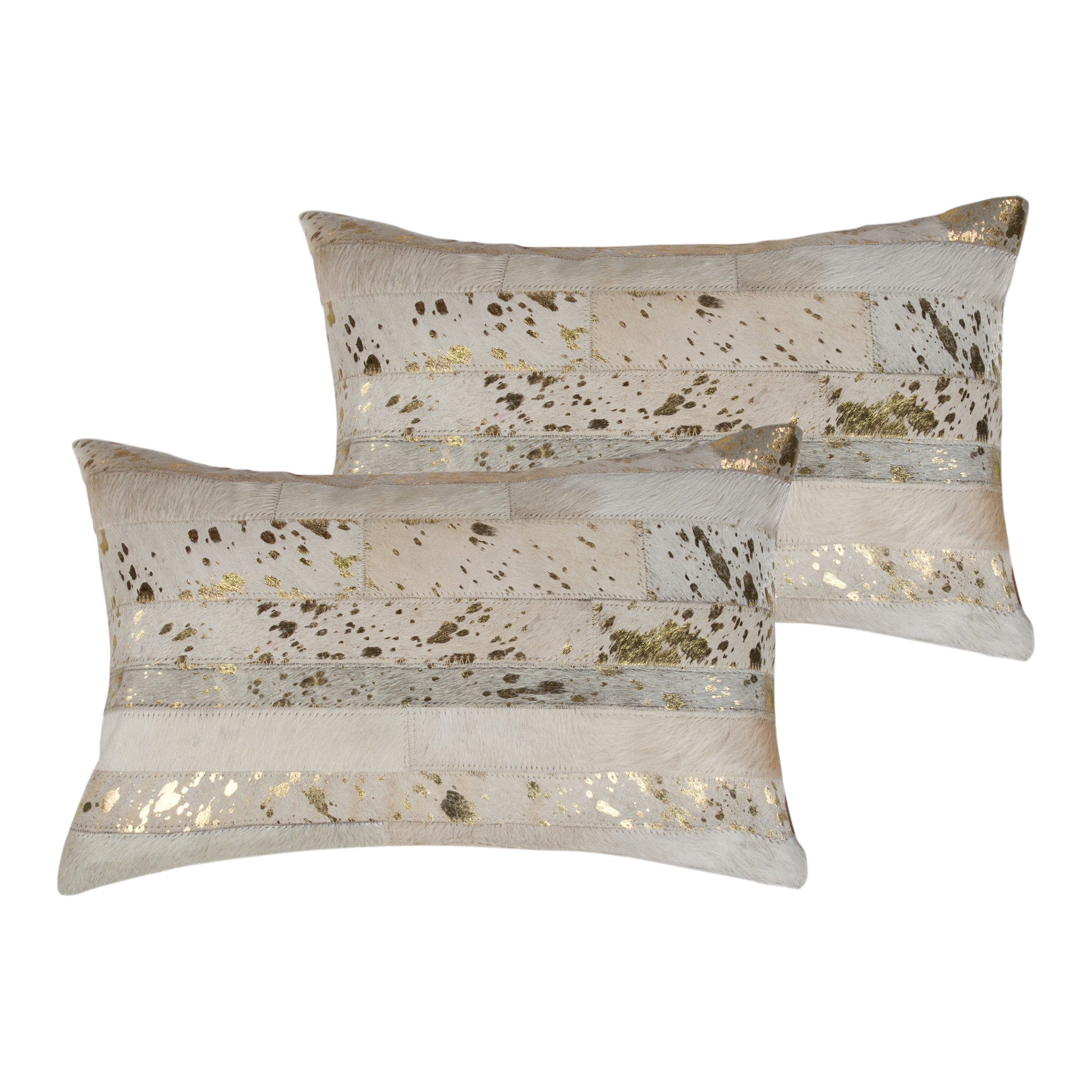 Set of Two 12" X 20" Natural and Gold Patchwork Cowhide Lumbar Throw Pillows with Glitter-2