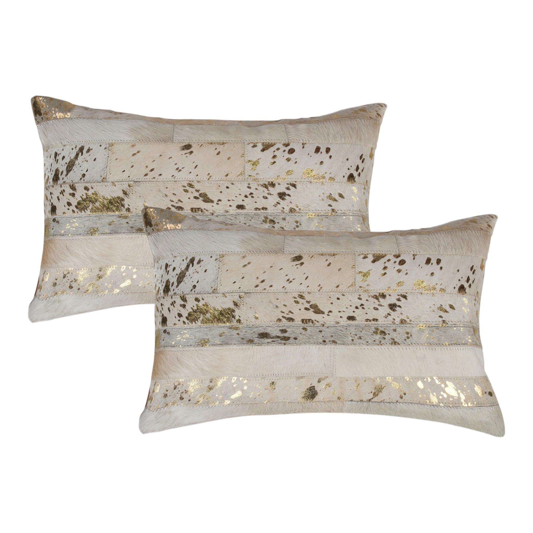 Set of Two 12" X 20" Natural and Gold Patchwork Cowhide Lumbar Throw Pillows with Glitter-3