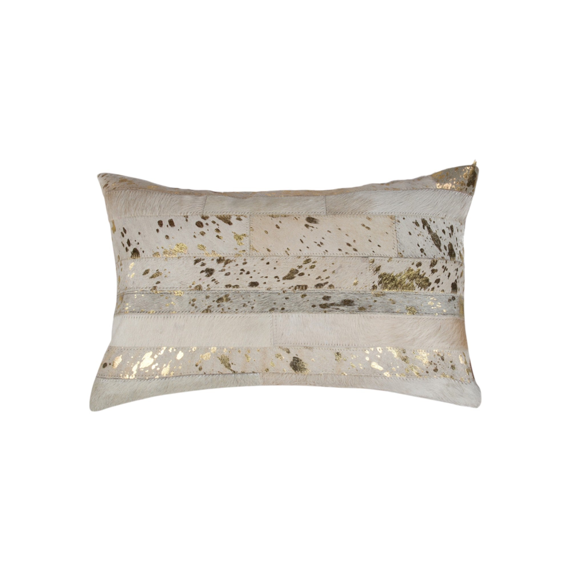 Set of Two 12" X 20" Natural and Gold Patchwork Cowhide Lumbar Throw Pillows with Glitter-0