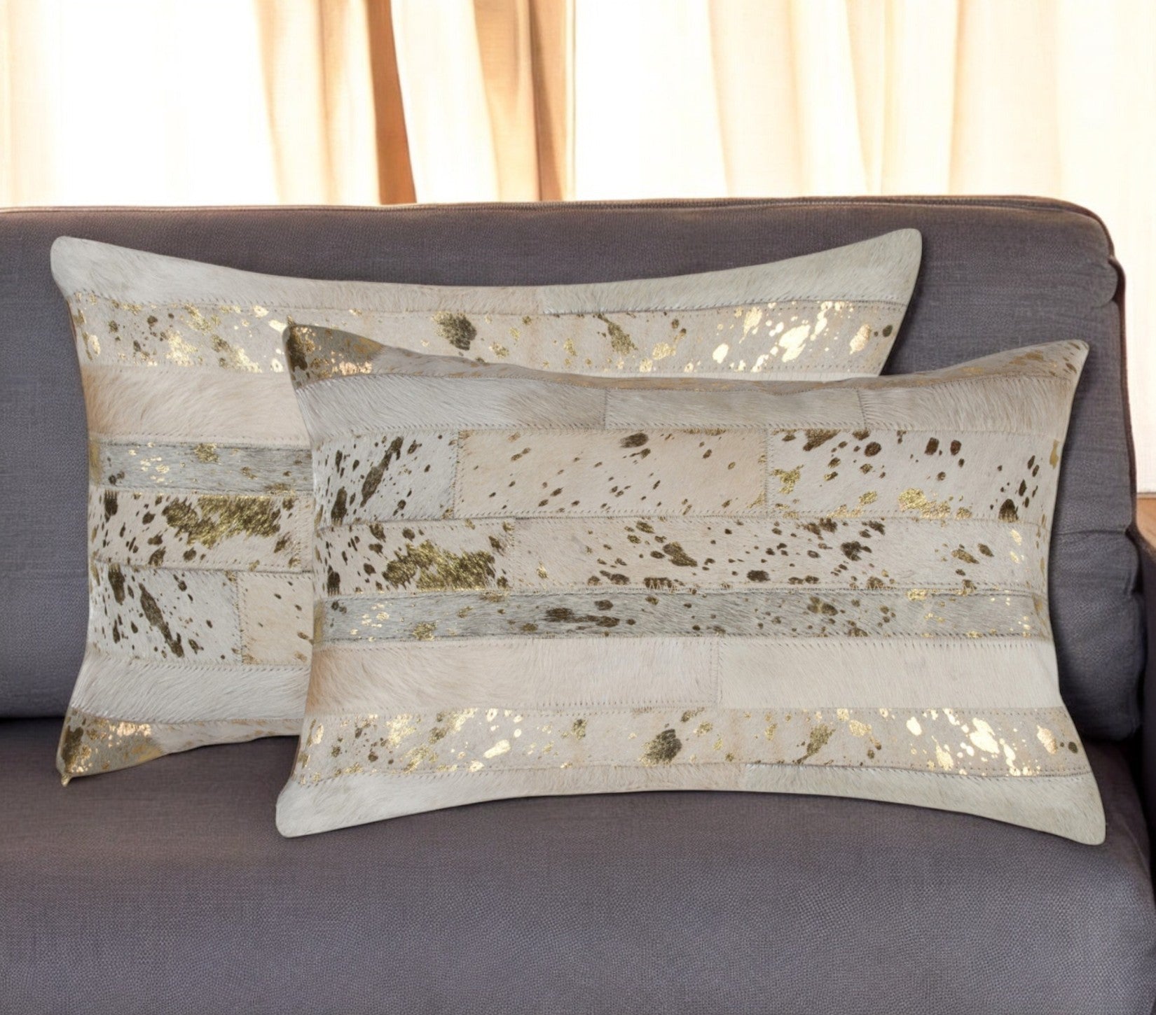 Set of Two 12" X 20" Natural and Gold Patchwork Cowhide Lumbar Throw Pillows with Glitter-1