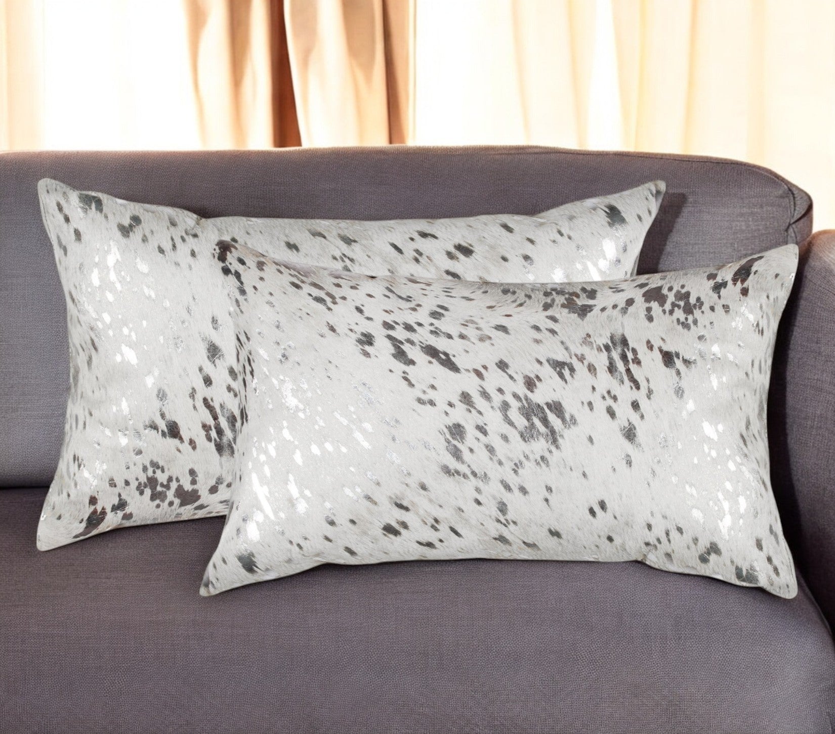 Set of Two 12" X 20" Gray and Silver Abstract Cowhide Lumbar Throw Pillows with Glitter-1