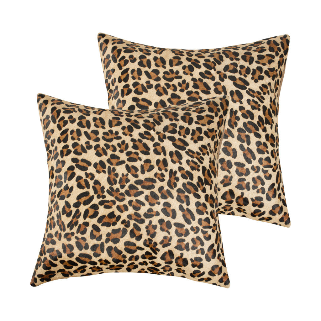 Set of Two 18" Brown and Black Leopard Cowhide Throw Pillows-1
