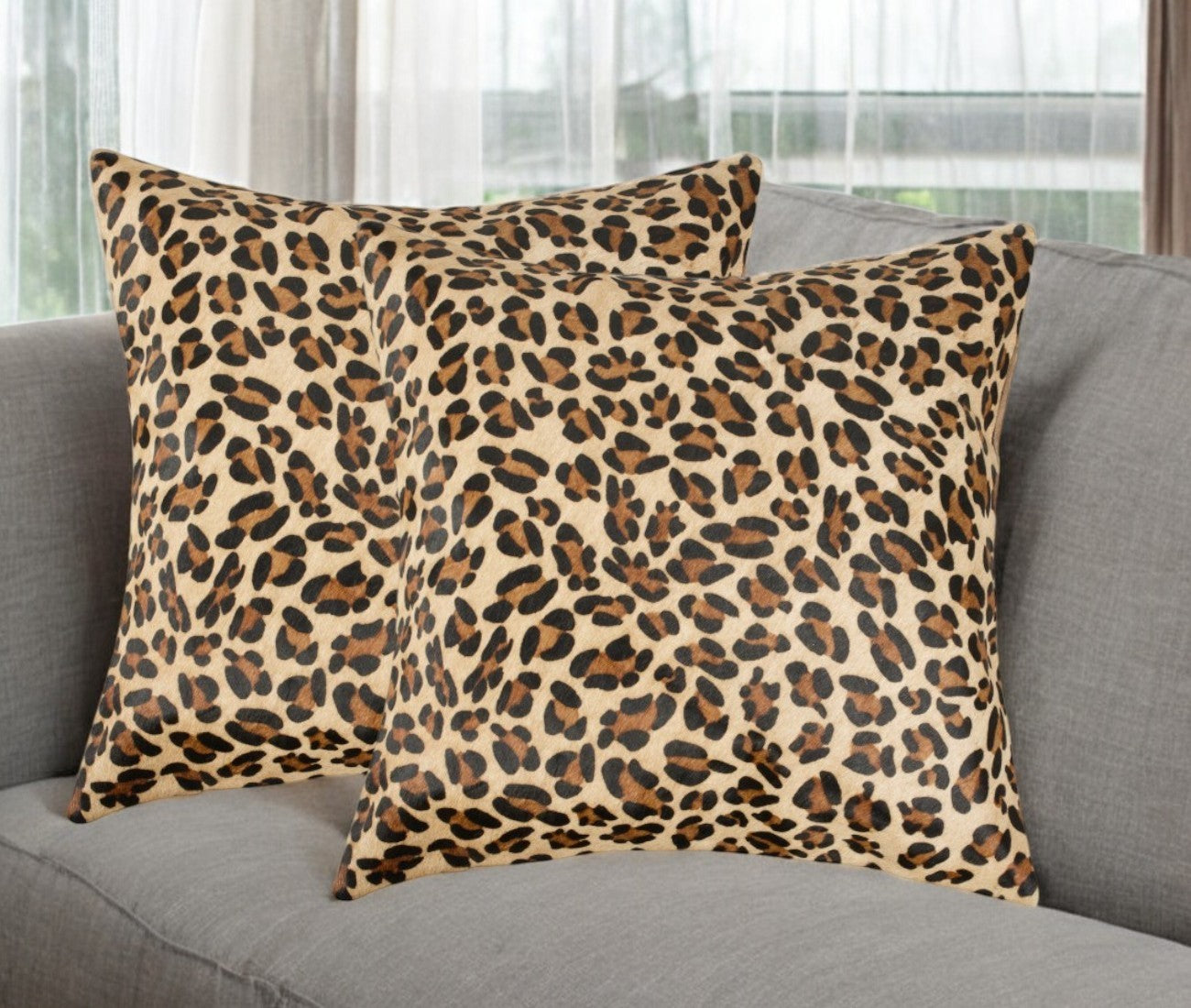 Set of Two 18" Brown and Black Leopard Cowhide Throw Pillows-0