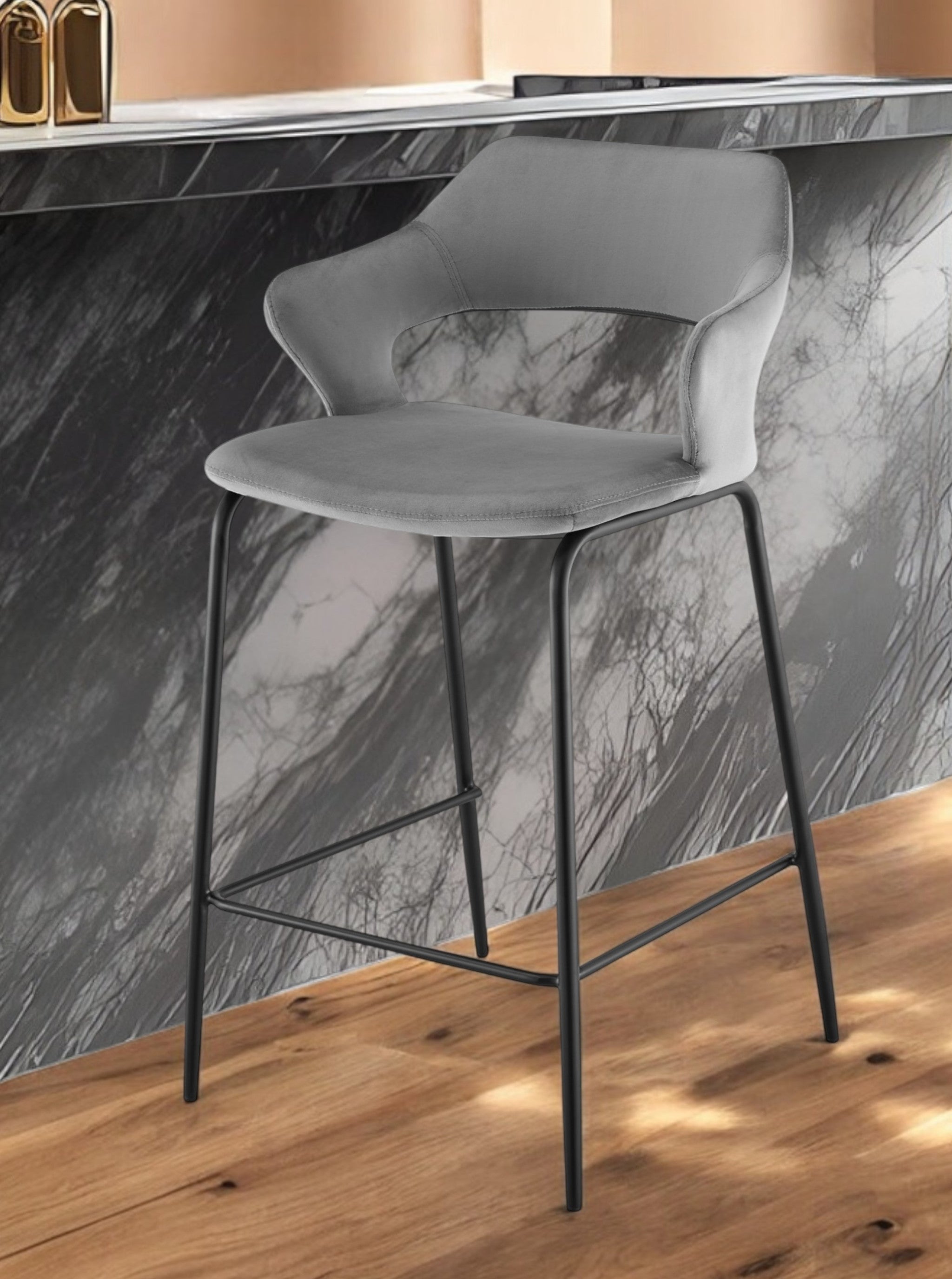 26" Gray and Black Velvet and Steel Low Back Counter Height Bar Chair-0