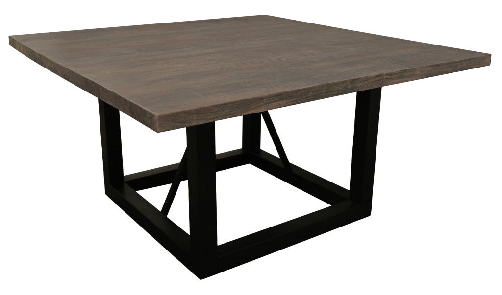 60" Dark Brown and Black Solid Wood and Iron Frame Base Square Dining Table-3