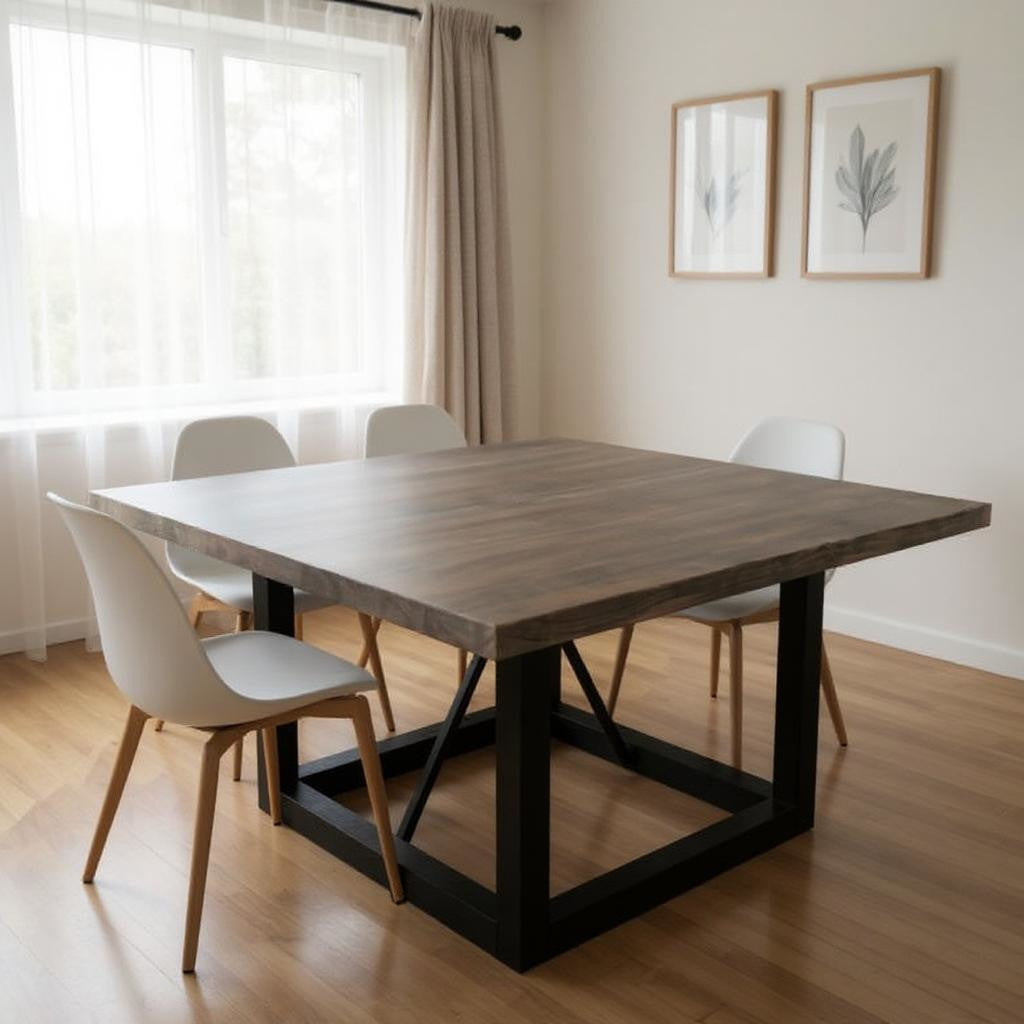 60" Dark Brown and Black Solid Wood and Iron Frame Base Square Dining Table-0