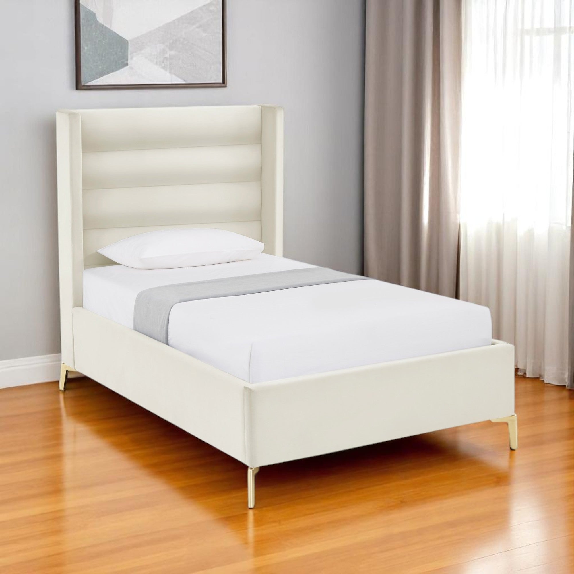 Cream Velvet Upholstered Full Bed Frame-0
