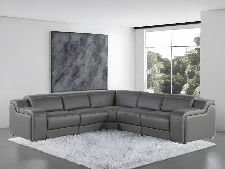 Dark Gray Italian Leather Power Reclining L Shaped Five Piece Corner Sectional-0