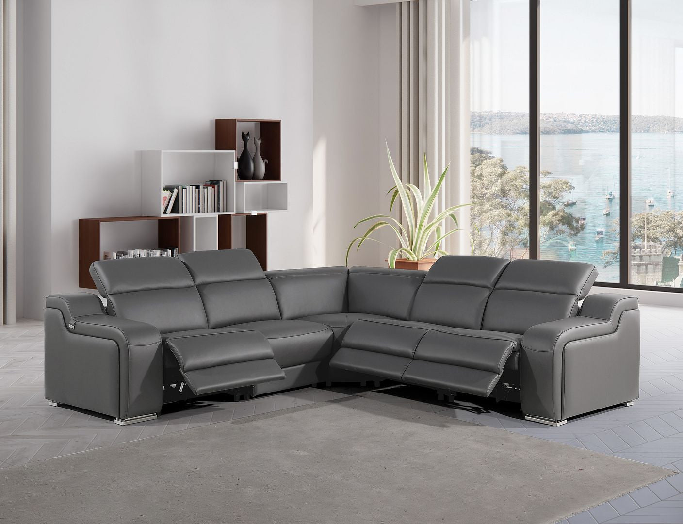 Dark Gray Italian Leather Power Reclining L Shaped Five Piece Corner Sectional-8