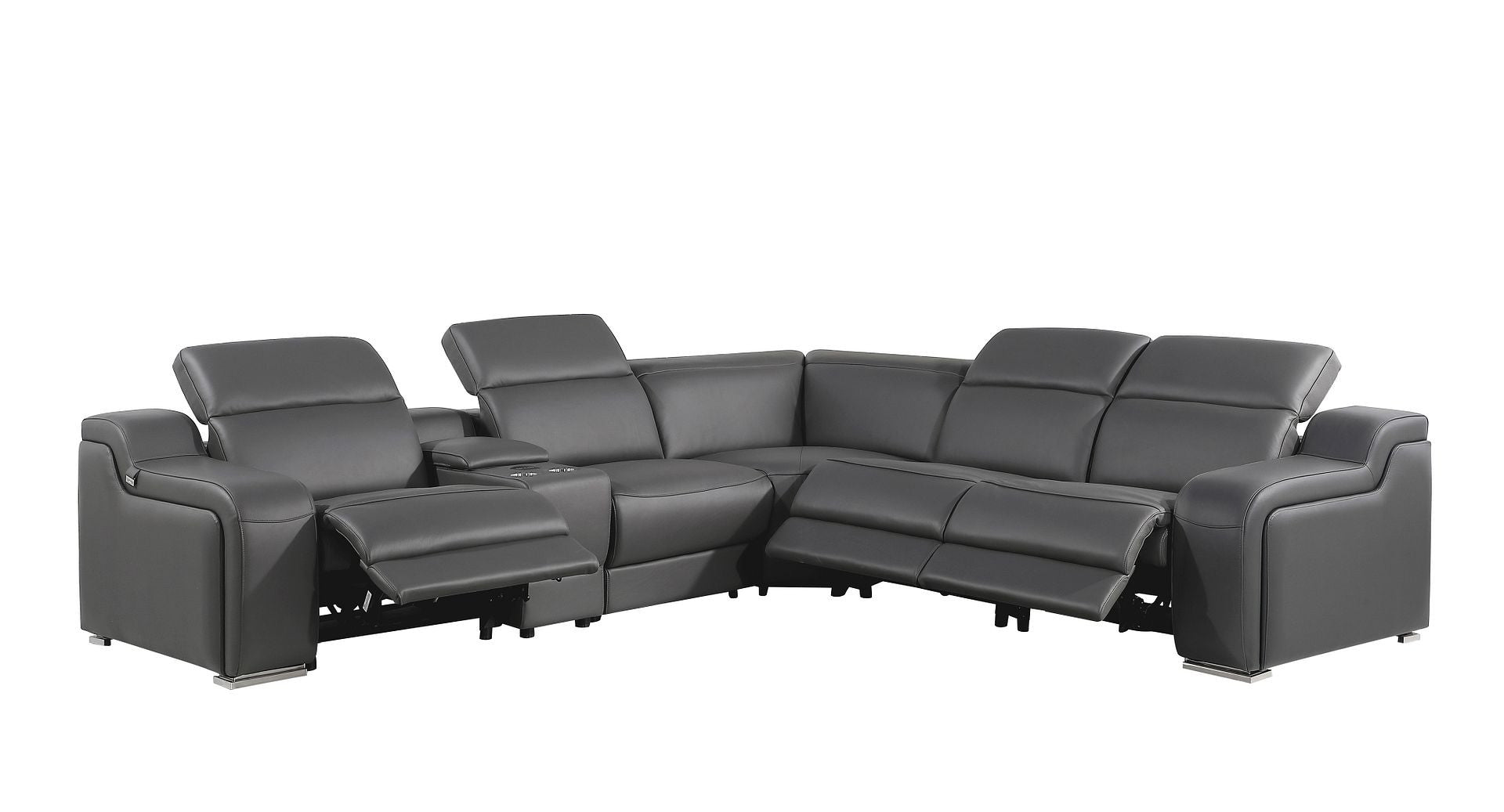 Dark Gray Italian Leather Power Reclining L Shaped Six Piece Corner Sectional With Console-1