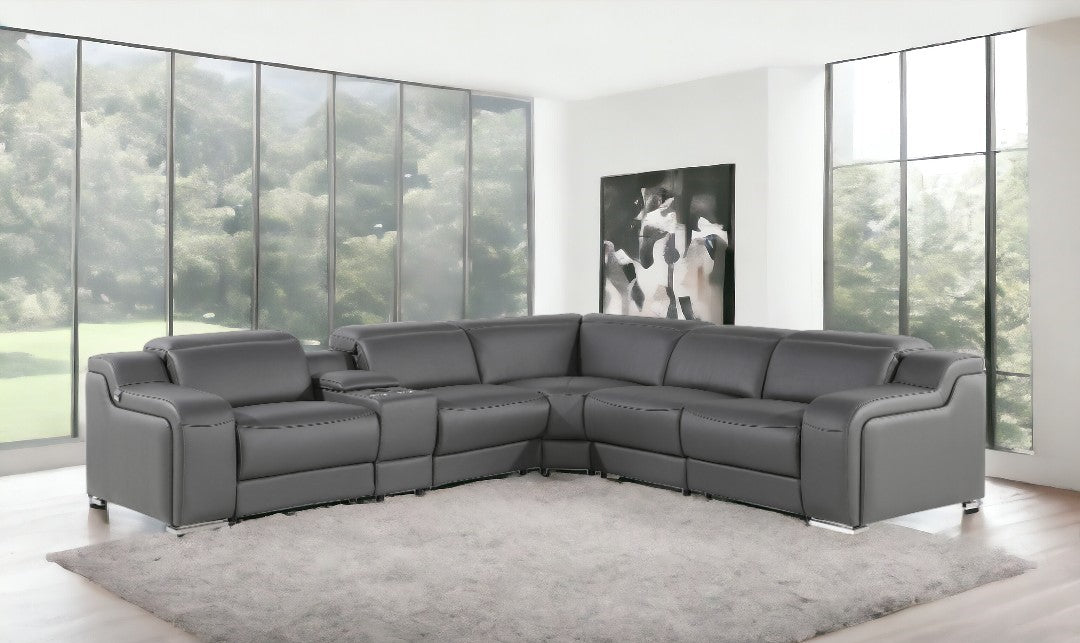 Dark Gray Italian Leather Power Reclining L Shaped Six Piece Corner Sectional With Console-0