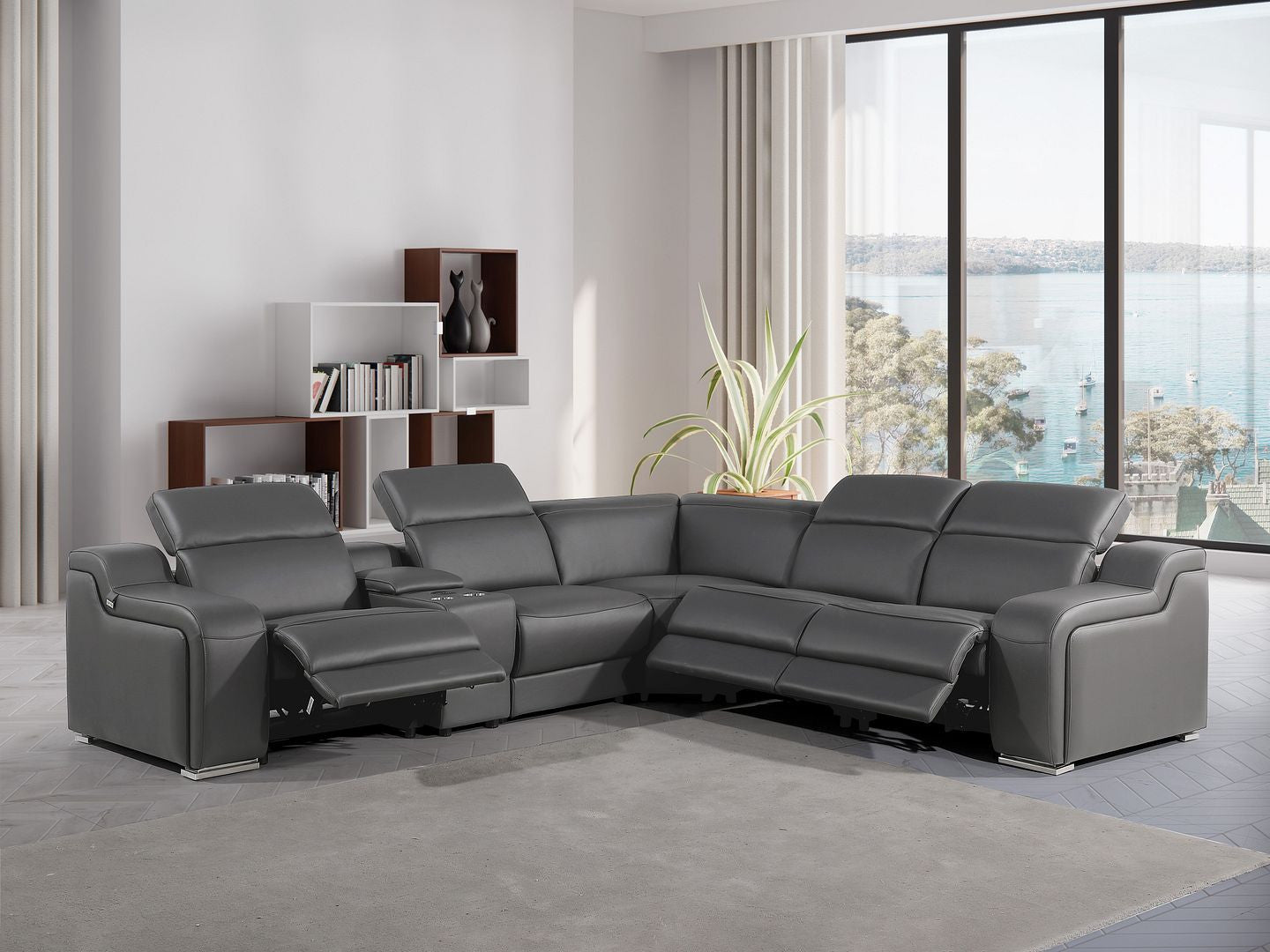 Dark Gray Italian Leather Power Reclining L Shaped Six Piece Corner Sectional With Console-7