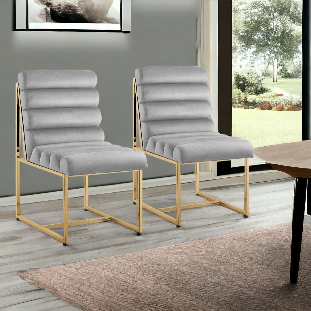 Set of Two Tufted Gray And Gold Upholstered Velvet Dining Side Chairs-0