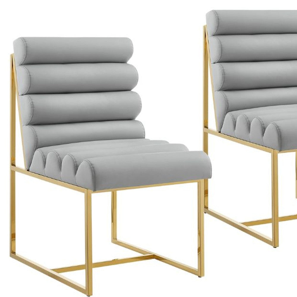 Set of Two Tufted Gray And Gold Upholstered Faux Leather Dining Side Chairs-4