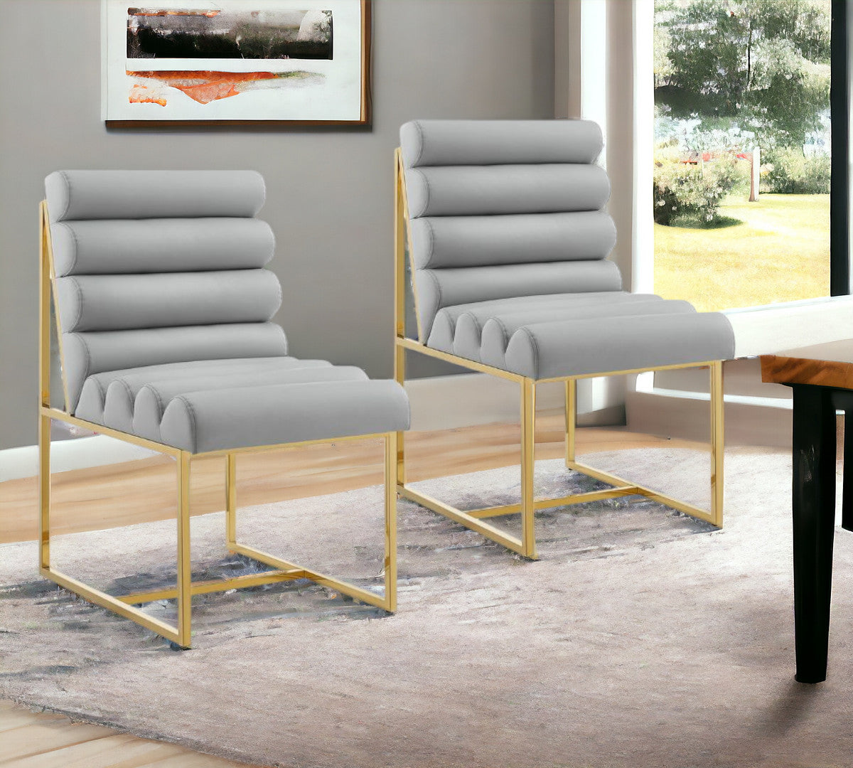Set of Two Tufted Gray And Gold Upholstered Faux Leather Dining Side Chairs-0