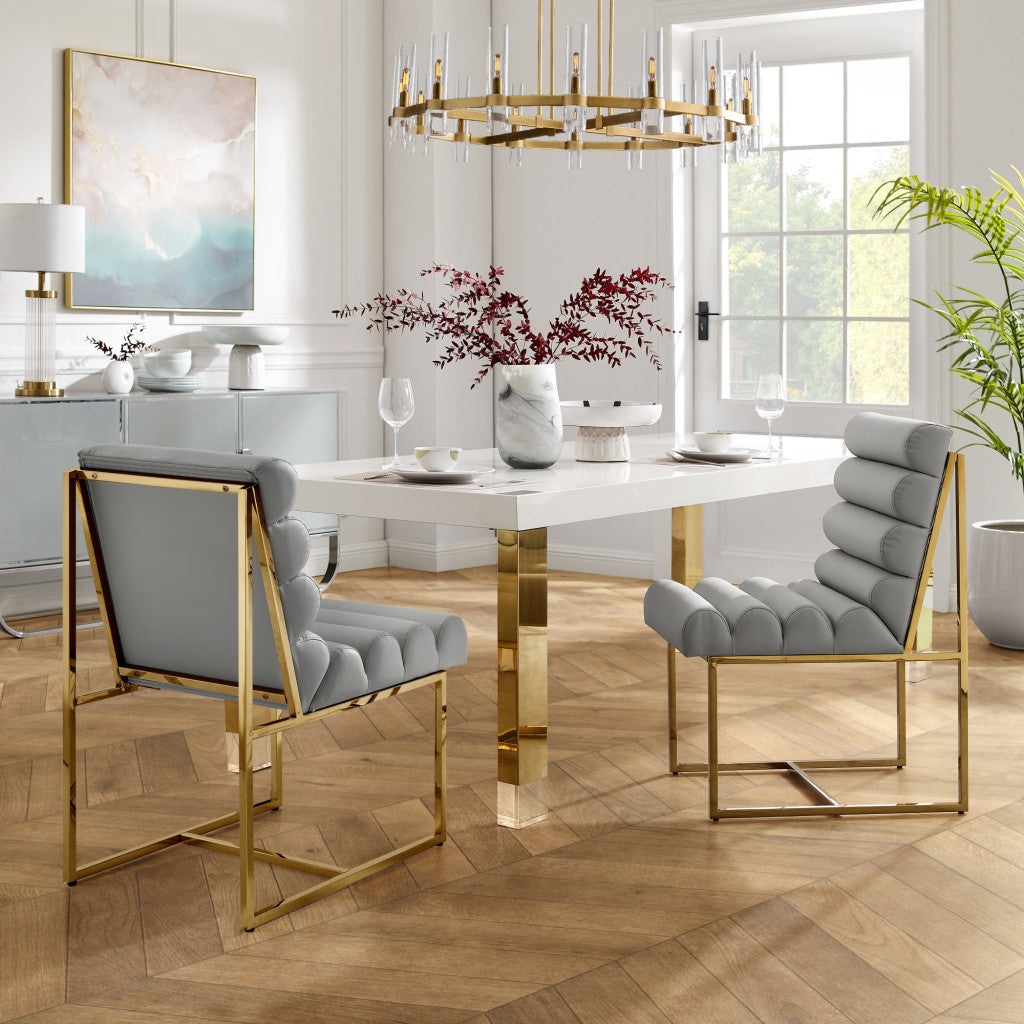 Set of Two Tufted Gray And Gold Upholstered Faux Leather Dining Side Chairs-8