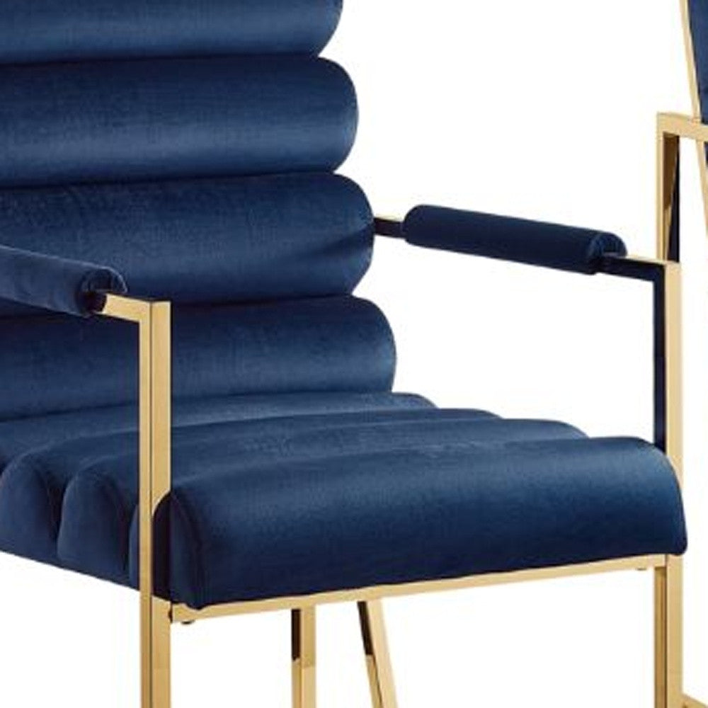 Set of Two Tufted Navy Blue And Gold Upholstered Velvet Dining Arm Chairs-6