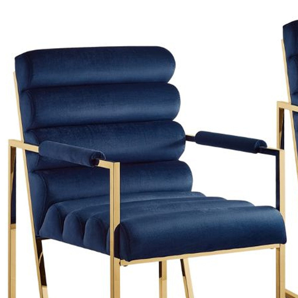 Set of Two Tufted Navy Blue And Gold Upholstered Velvet Dining Arm Chairs-8