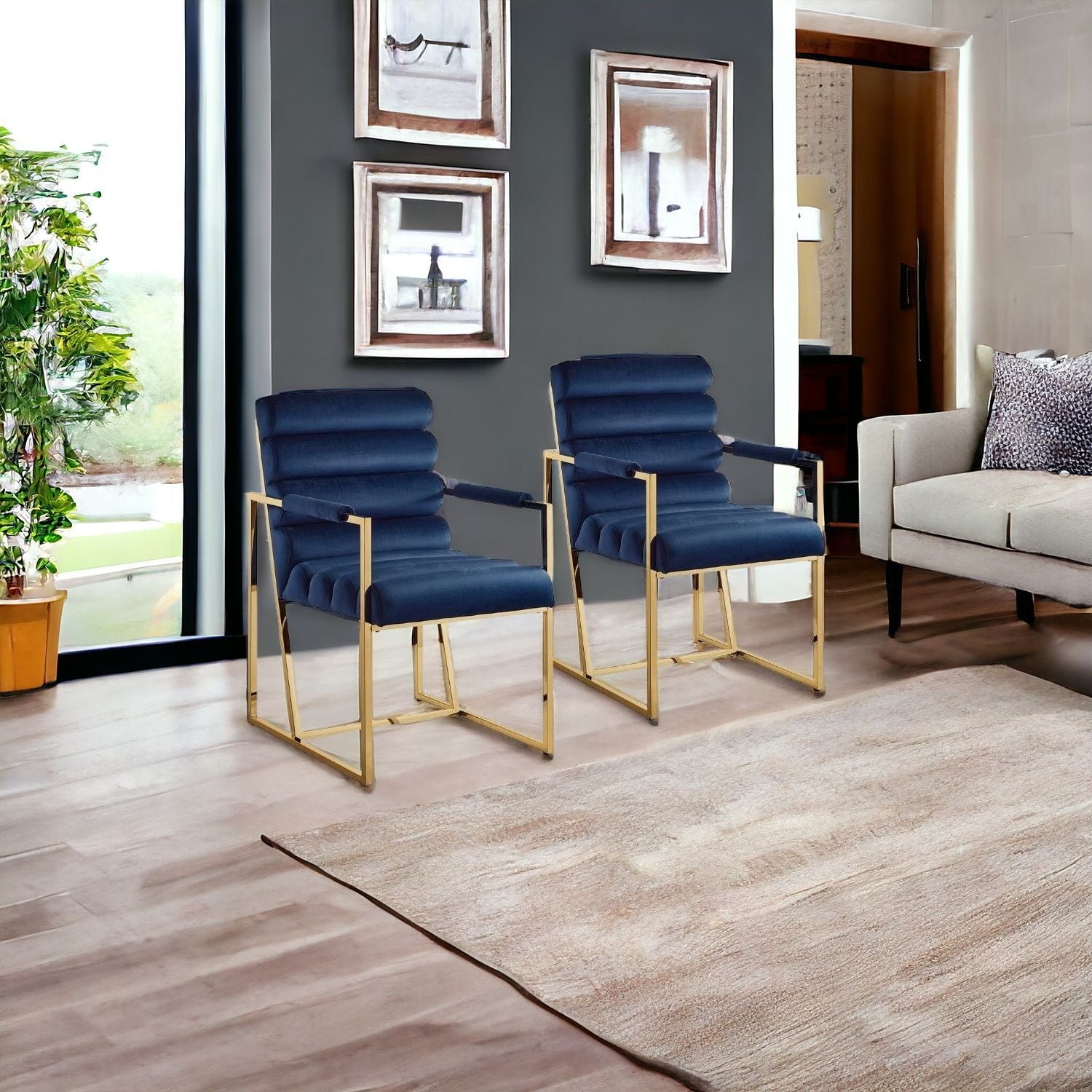 Set of Two Tufted Navy Blue And Gold Upholstered Velvet Dining Arm Chairs-1