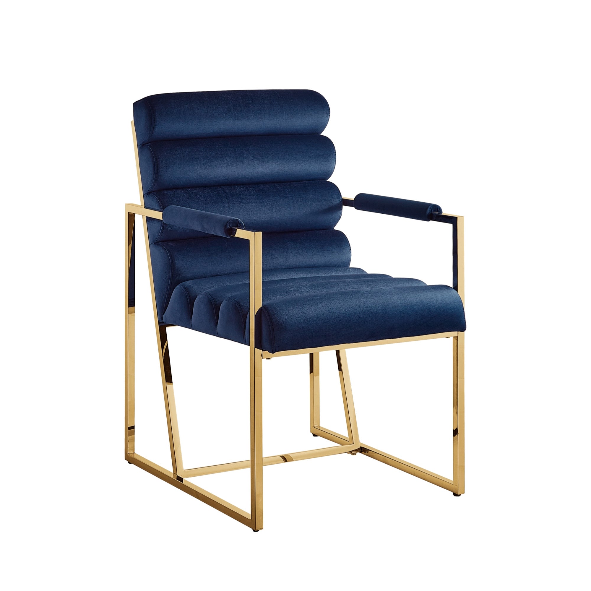 Set of Two Tufted Navy Blue And Gold Upholstered Velvet Dining Arm Chairs-0