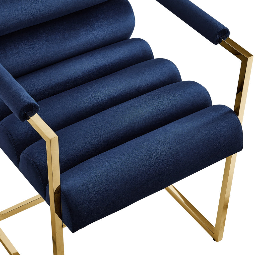 Set of Two Tufted Navy Blue And Gold Upholstered Velvet Dining Arm Chairs-7