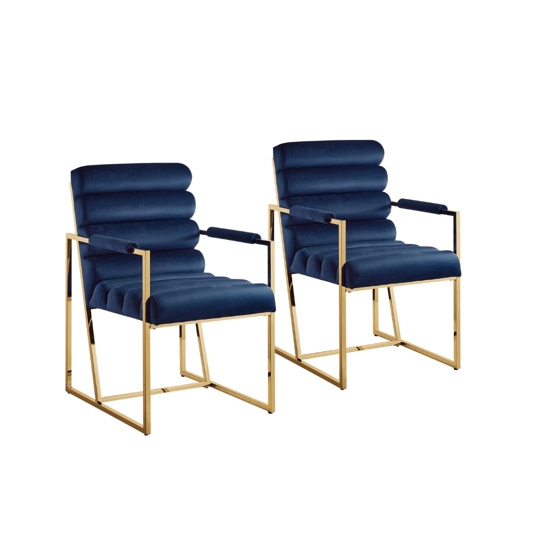 Set of Two Tufted Navy Blue And Gold Upholstered Velvet Dining Arm Chairs-5