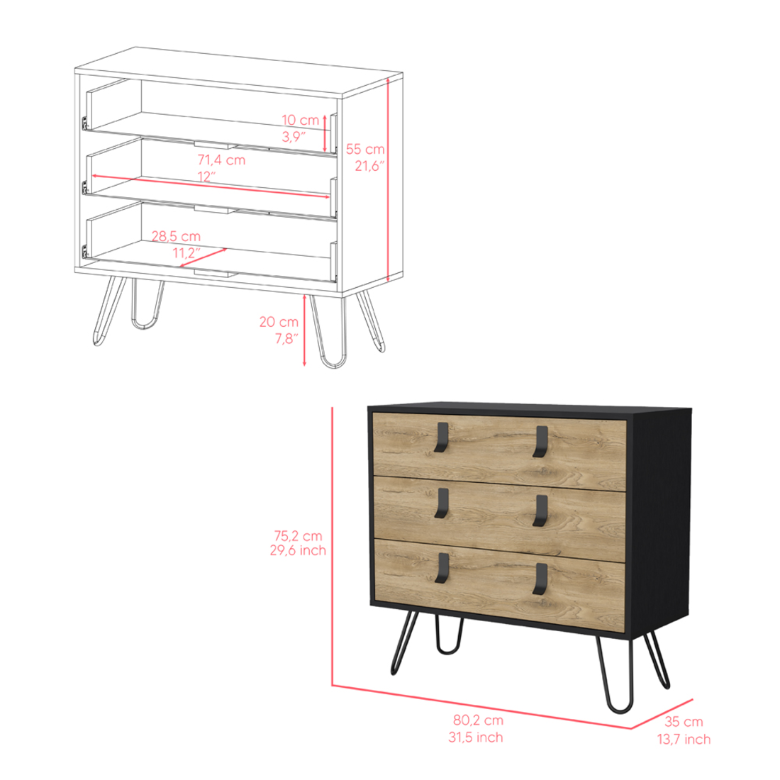 32" Natural and Black Three Drawer Dresser-8