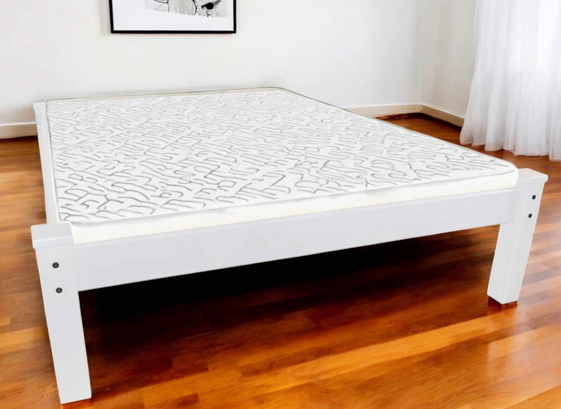 White Solid Wood Queen Bed Frame-0