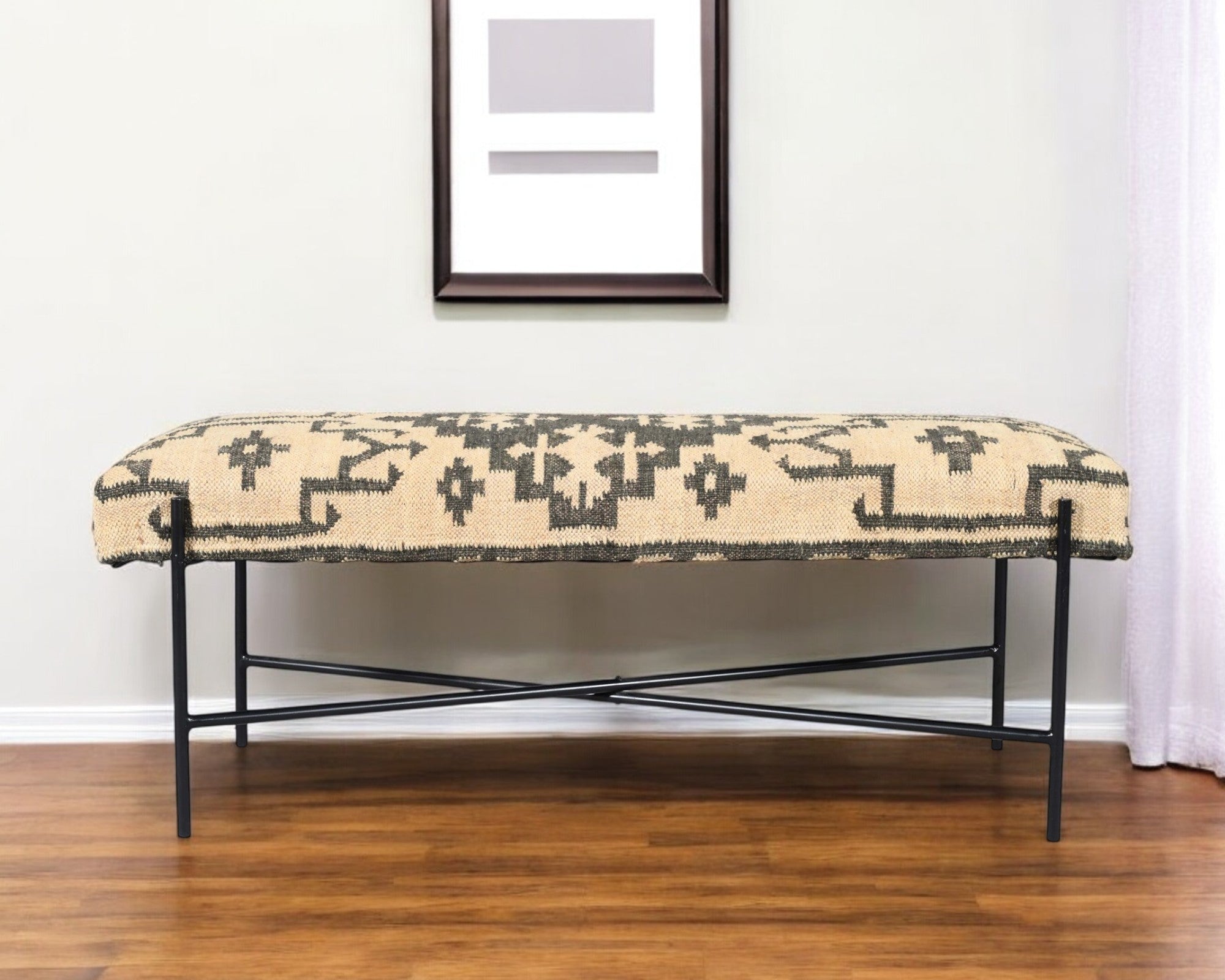 48" Cream and Black Cotton Blend Upholstered Southwest Bench-0