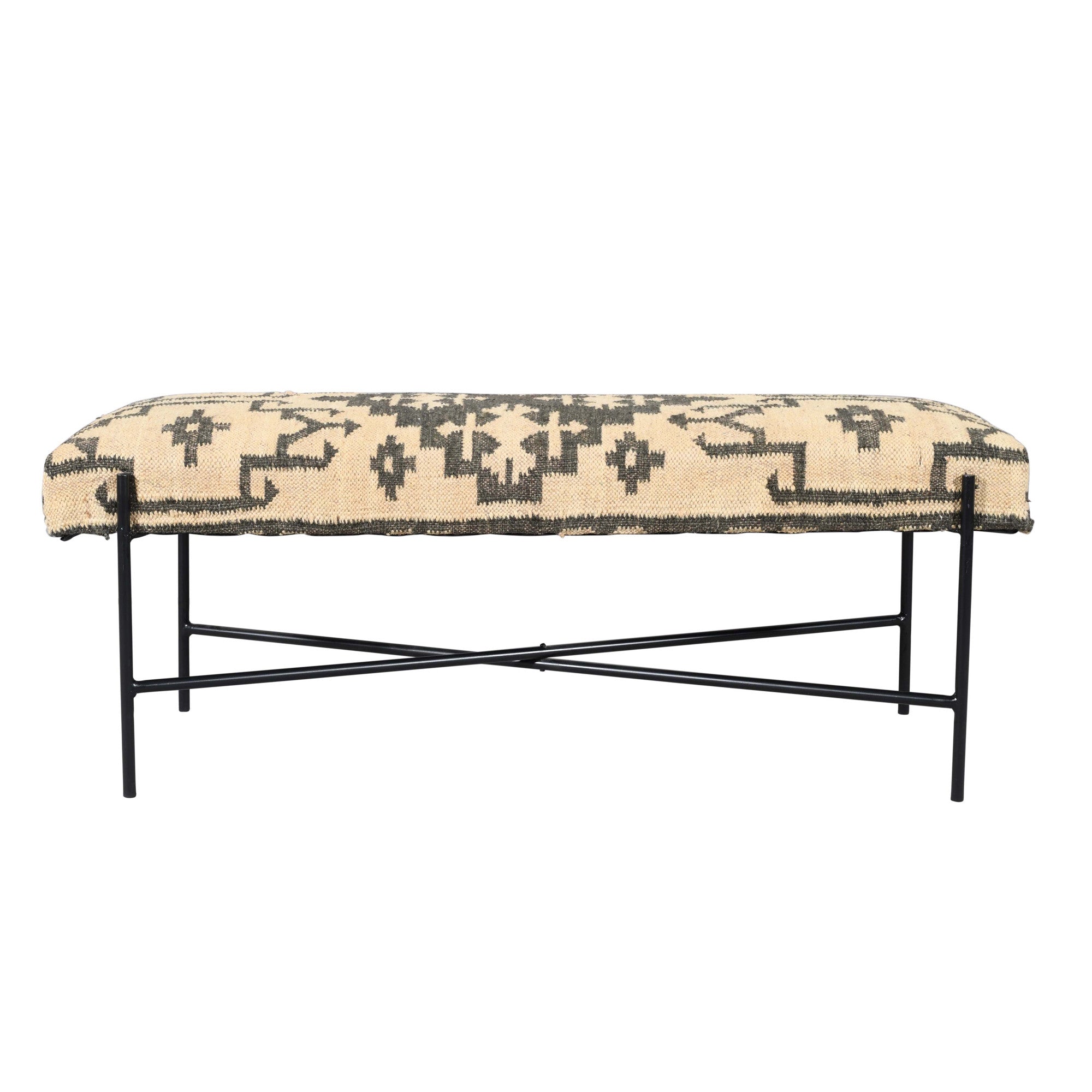 48" Cream and Black Cotton Blend Upholstered Southwest Bench-1