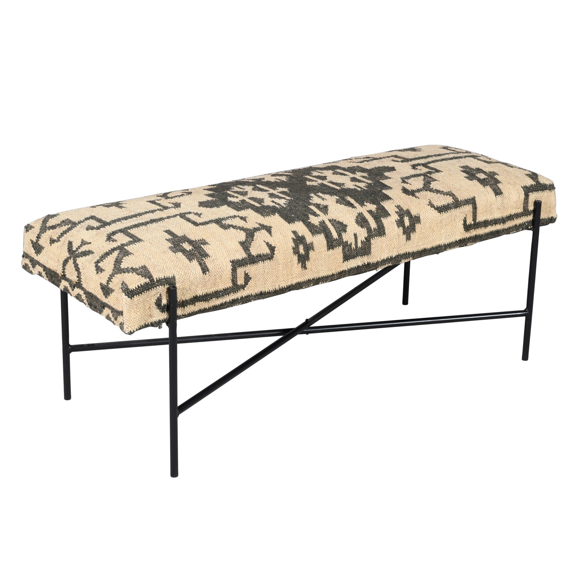 48" Cream and Black Cotton Blend Upholstered Southwest Bench-4
