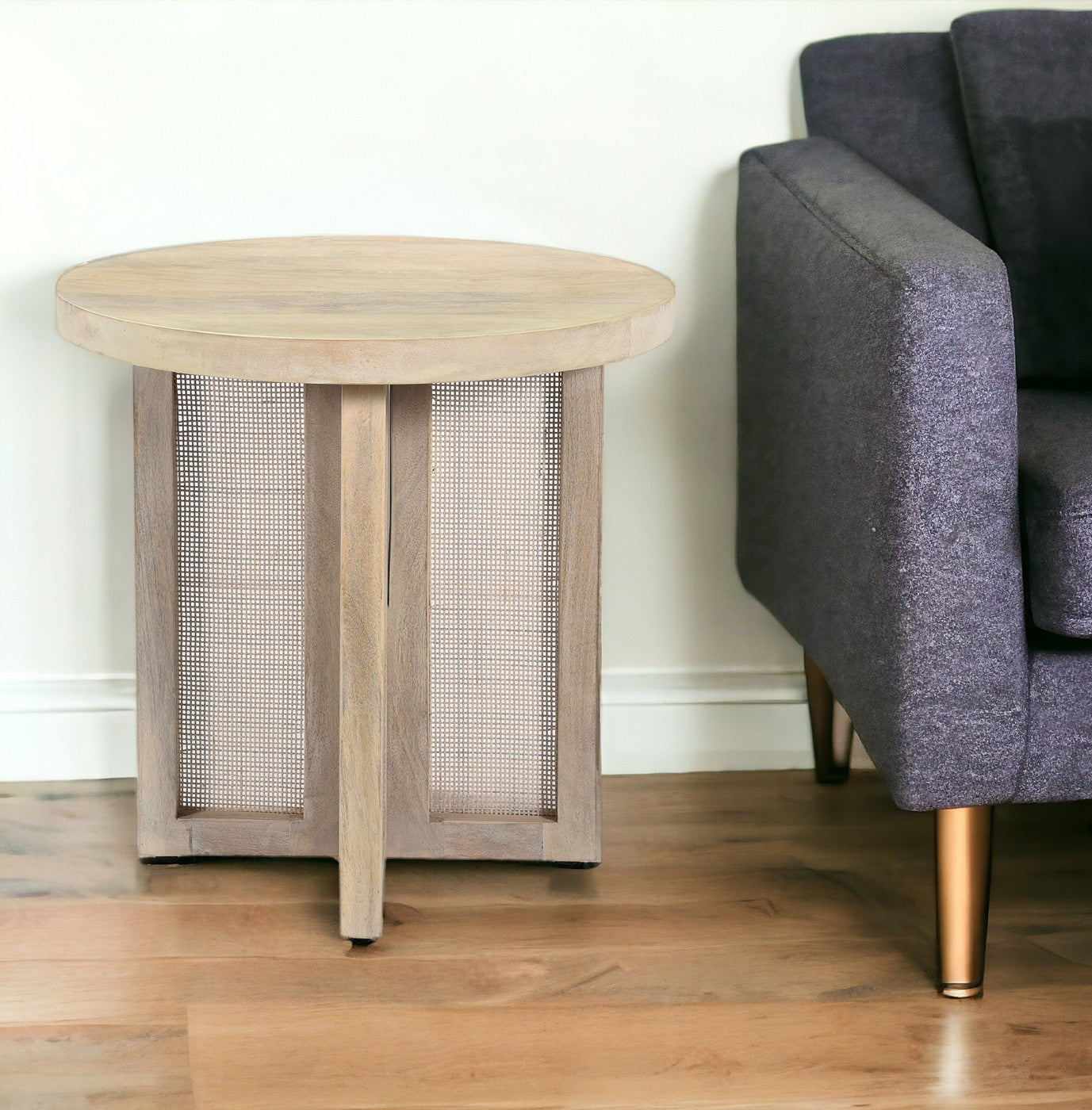 22" Natural Solid Wood And Rattan Round End Table-0