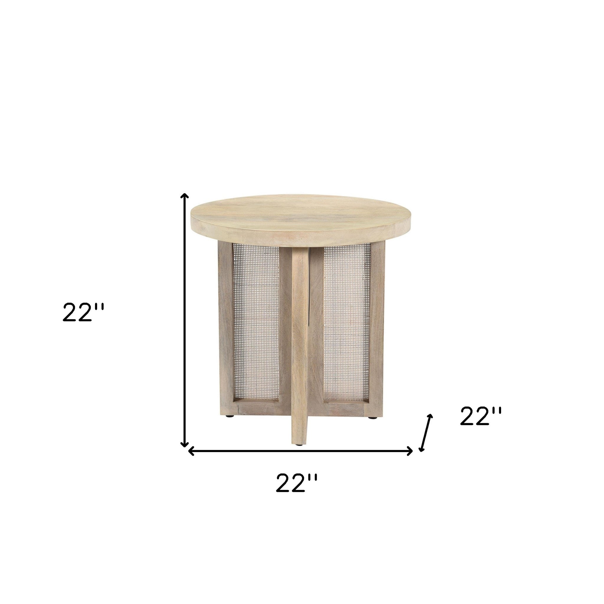 22" Natural Solid Wood And Rattan Round End Table-7