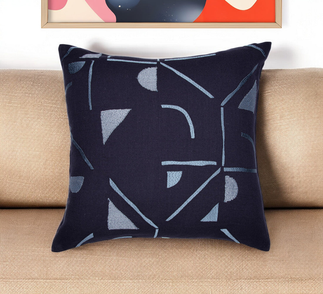 24" Blue Geometric Cotton Blend Throw Pillow With Embroidery-0