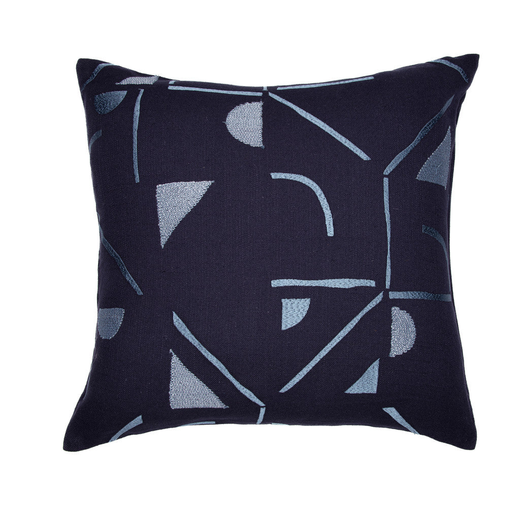 24" Blue Geometric Cotton Blend Throw Pillow With Embroidery-1