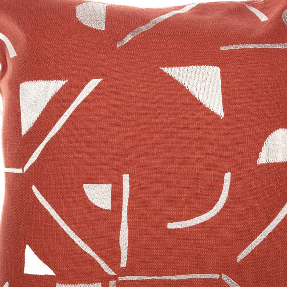 24" Orange and Ivory Geometric Cotton Blend Throw Pillow  With Embroidery-6