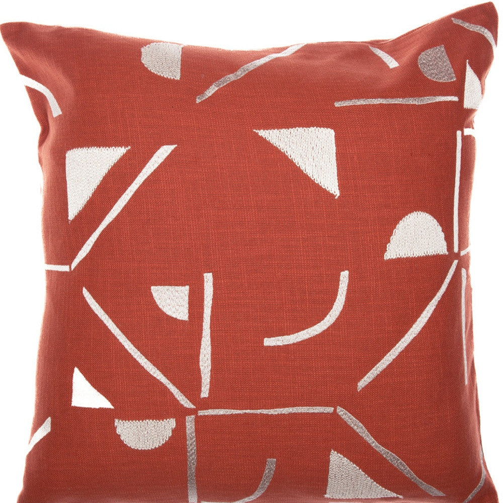 24" Orange and Ivory Geometric Cotton Blend Throw Pillow  With Embroidery-7